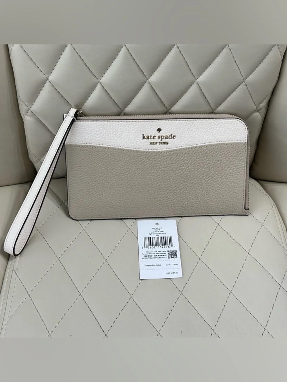 Kate Spade Lucy Medium L-Zip Wristlet Pebble Leather Light Sand NEW